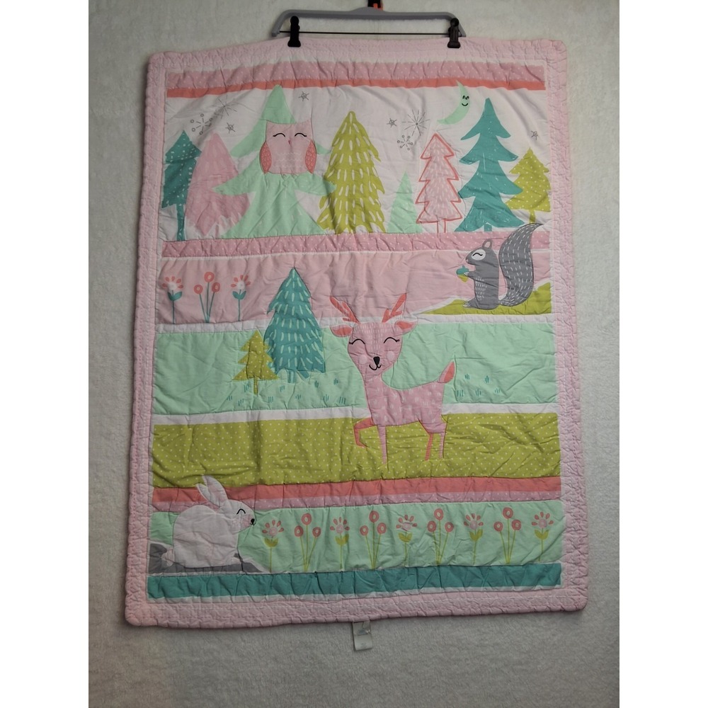 Cloud Island Animal Baby Blanket Woodland Quilt Girls Nursery 31" X 42.5" Pink